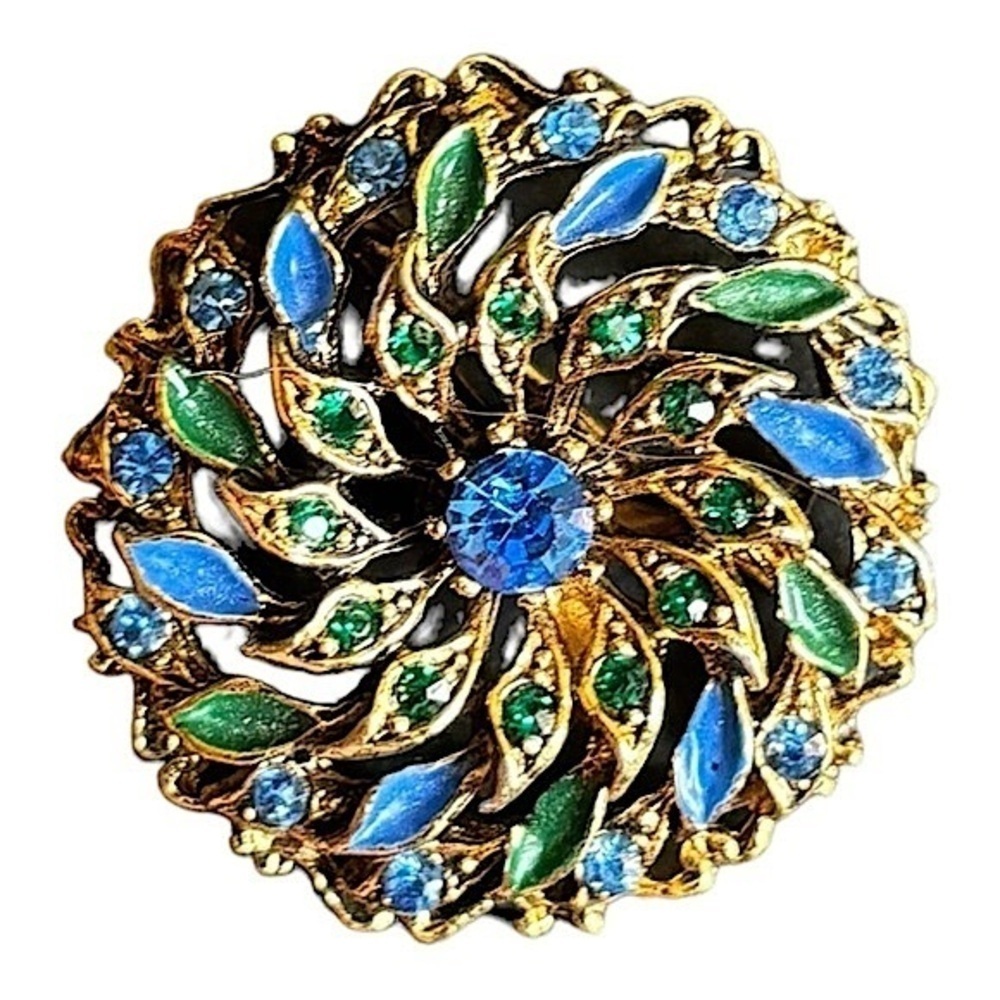 Vintage 12 Karat Gold Emerald and Sapphire Domed Brooch 1" x 1" Flower Brooch